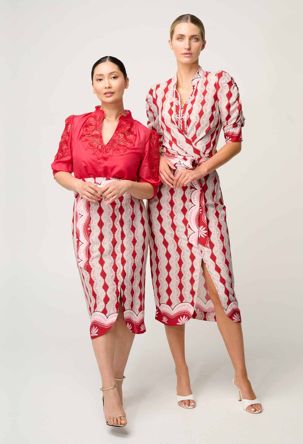 OnceWas Petite Nora Viscose Faille Scoop Hem Midi Skirt in Marrakech Ruby