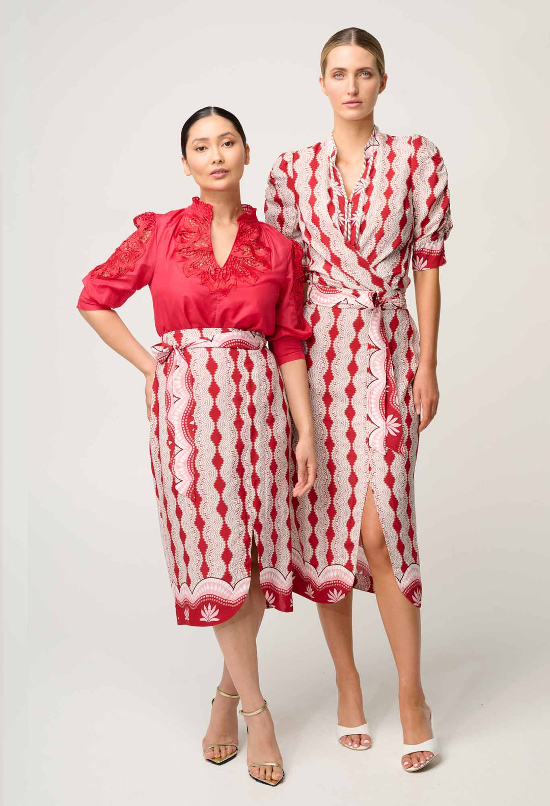 OnceWas Petite Nora Viscose Faille Scoop Hem Midi Skirt in Marrakech Ruby