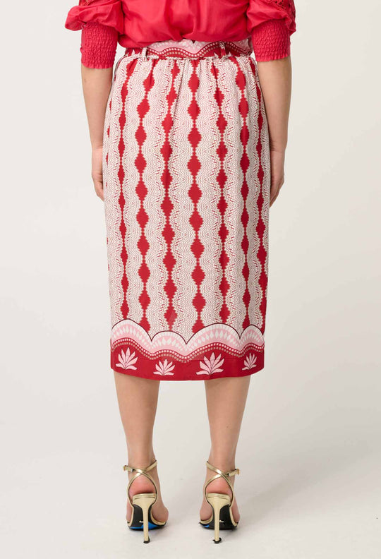 OnceWas Petite Nora Viscose Faille Scoop Hem Midi Skirt in Marrakech Ruby