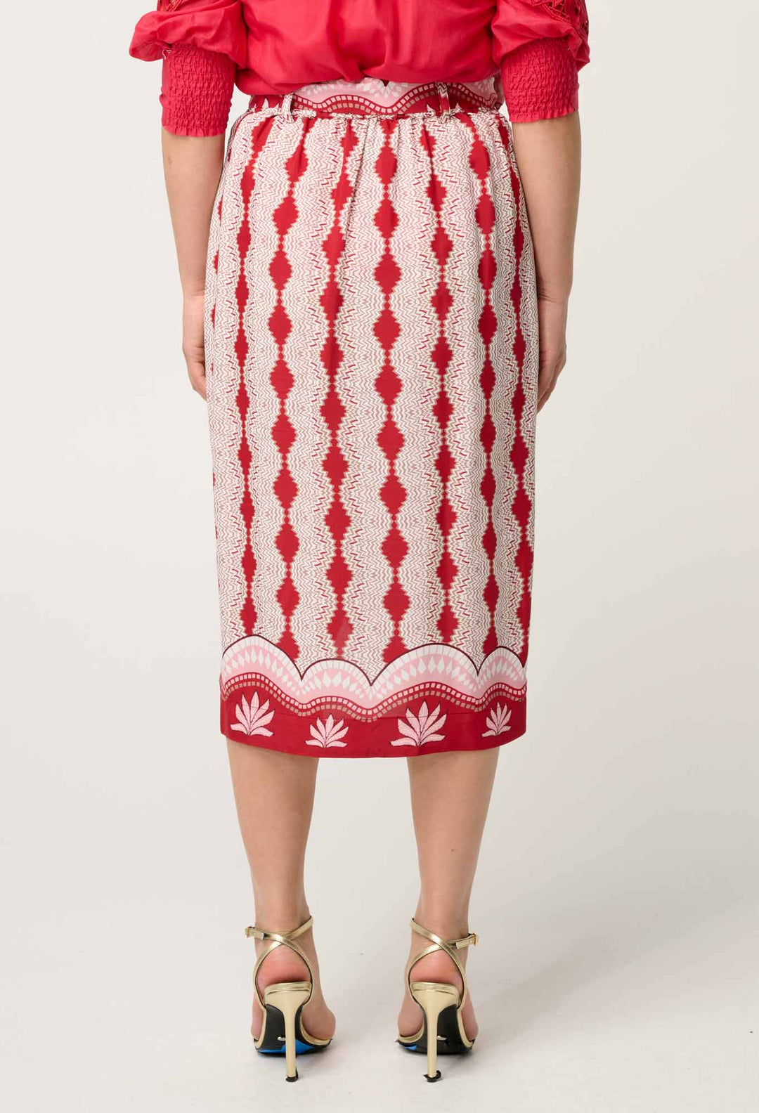 OnceWas Petite Nora Viscose Faille Scoop Hem Midi Skirt in Marrakech Ruby