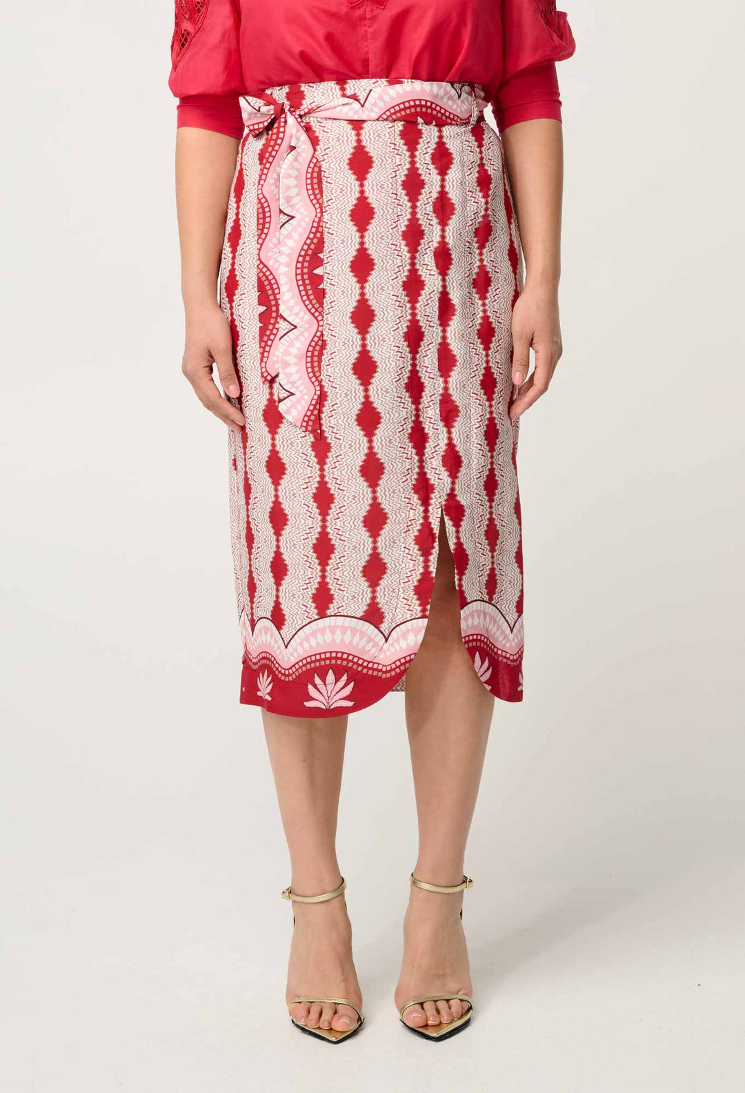OnceWas Petite Nora Viscose Faille Scoop Hem Midi Skirt in Marrakech Ruby