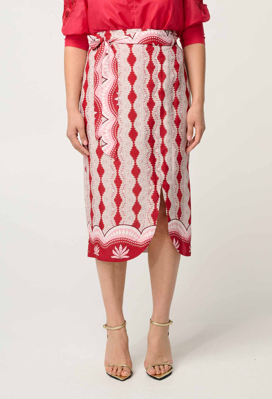 OnceWas Petite Nora Viscose Faille Scoop Hem Midi Skirt in Marrakech Ruby