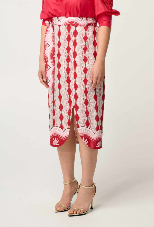 OnceWas Petite Nora Viscose Faille Scoop Hem Midi Skirt in Marrakech Ruby