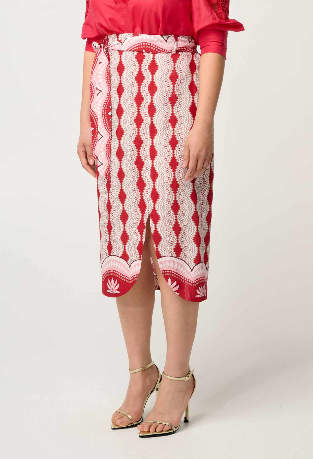 OnceWas Petite Nora Viscose Faille Scoop Hem Midi Skirt in Marrakech Ruby