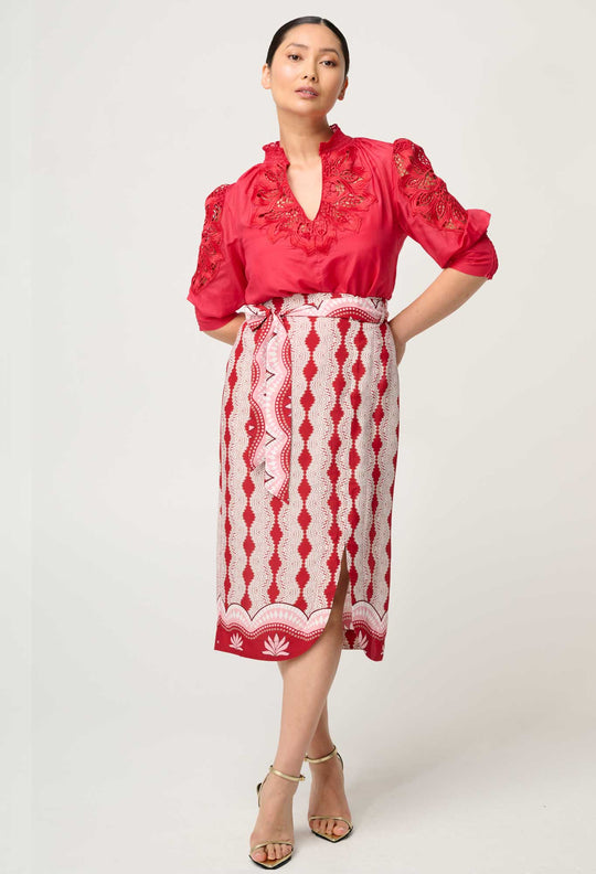 Petite Nora Viscose Faille Scoop Hem Midi Skirt in Marrakech Ruby