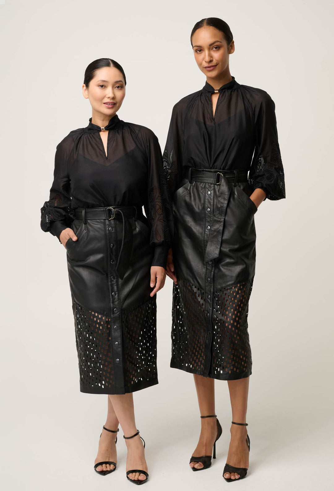 OnceWas PETITE Hypnotic Leather Custom Laser Midi Skirt in Black Lattice