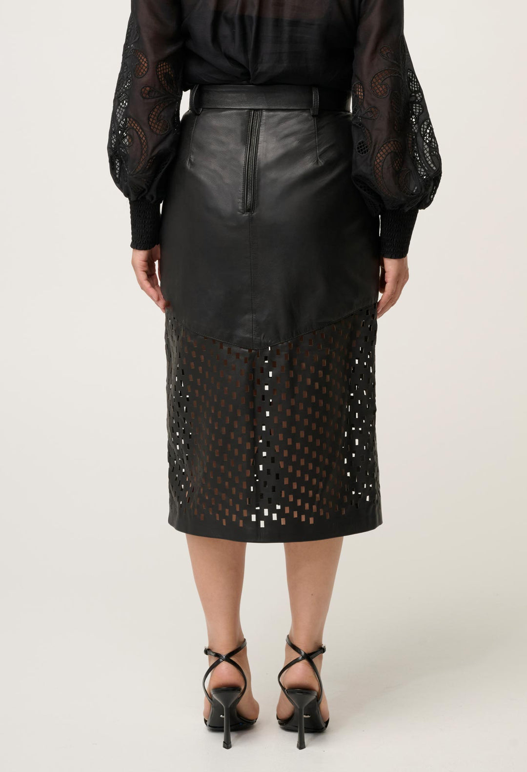 OnceWas PETITE Hypnotic Leather Custom Laser Midi Skirt in Black Lattice