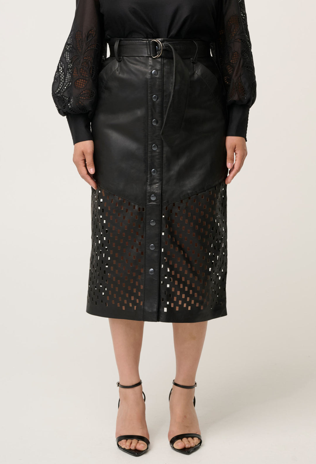 OnceWas PETITE Hypnotic Leather Custom Laser Midi Skirt in Black Lattice
