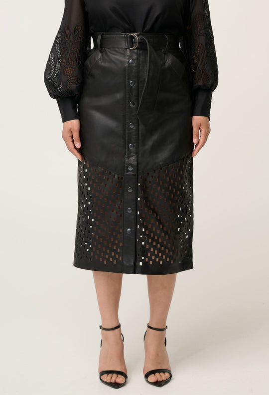 OnceWas PETITE Hypnotic Leather Custom Laser Midi Skirt in Black Lattice