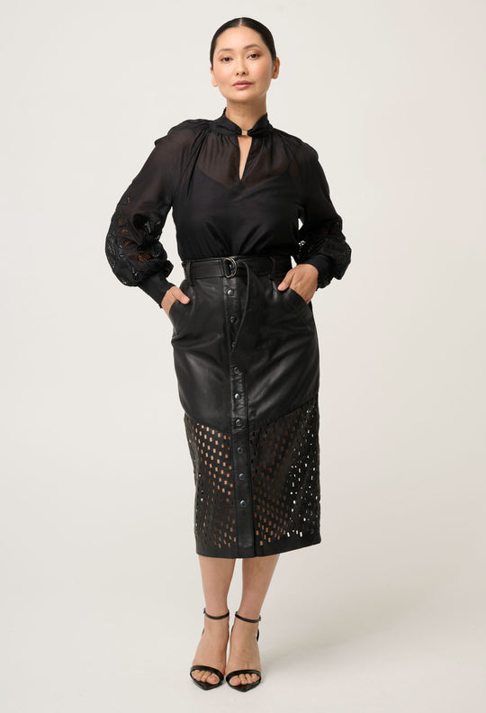 OnceWas PETITE Hypnotic Leather Custom Laser Midi Skirt in Black Lattice