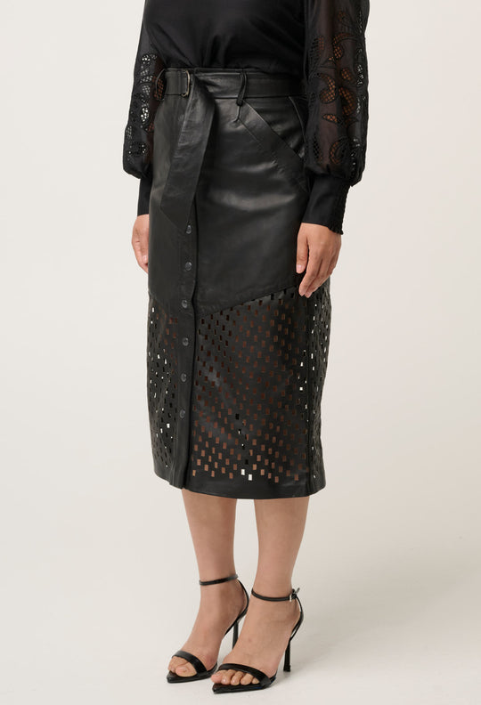 OnceWas PETITE Hypnotic Leather Custom Laser Midi Skirt in Black Lattice
