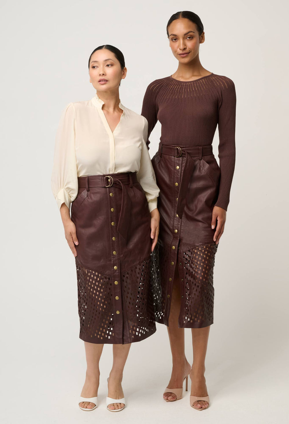 UNDER 5'4 Hypnotic Leather Custom Laser Midi Skirt in Oxblood