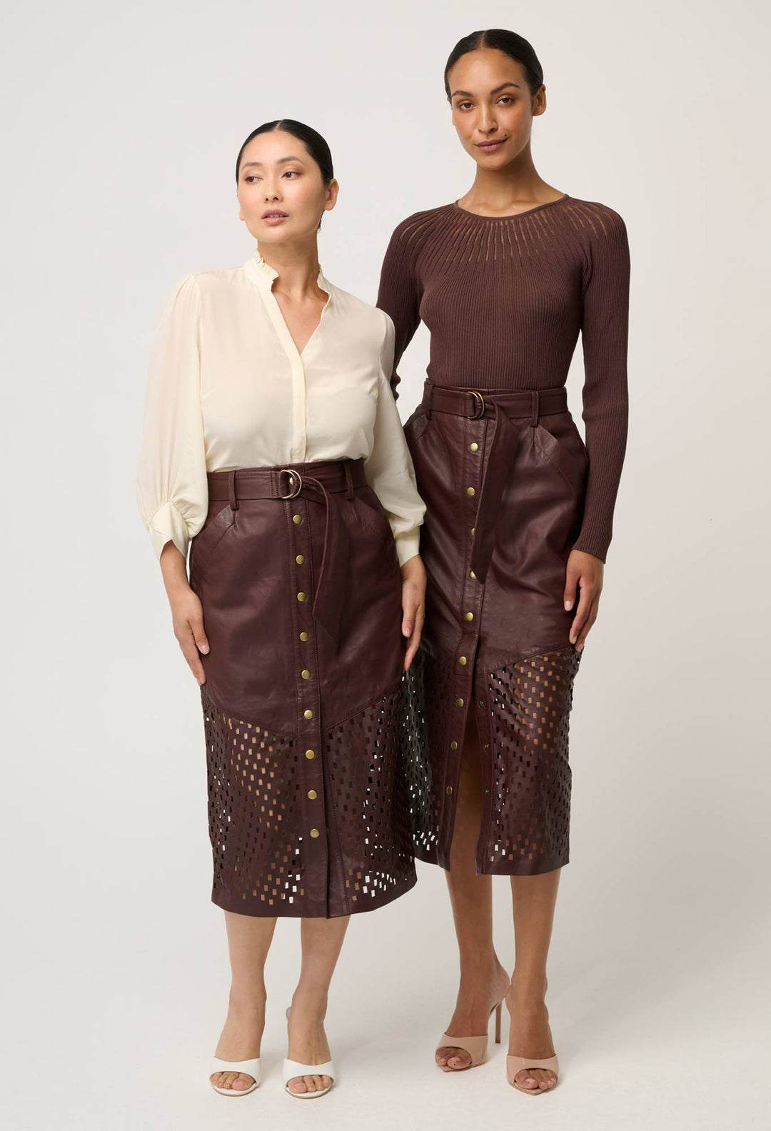 UNDER 5'4 Hypnotic Leather Custom Laser Midi Skirt in Oxblood