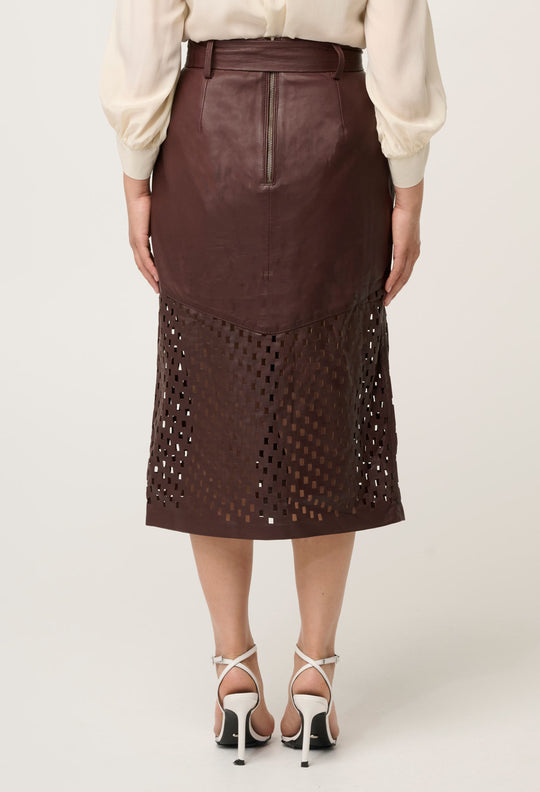 UNDER 5'4 Hypnotic Leather Custom Laser Midi Skirt in Oxblood