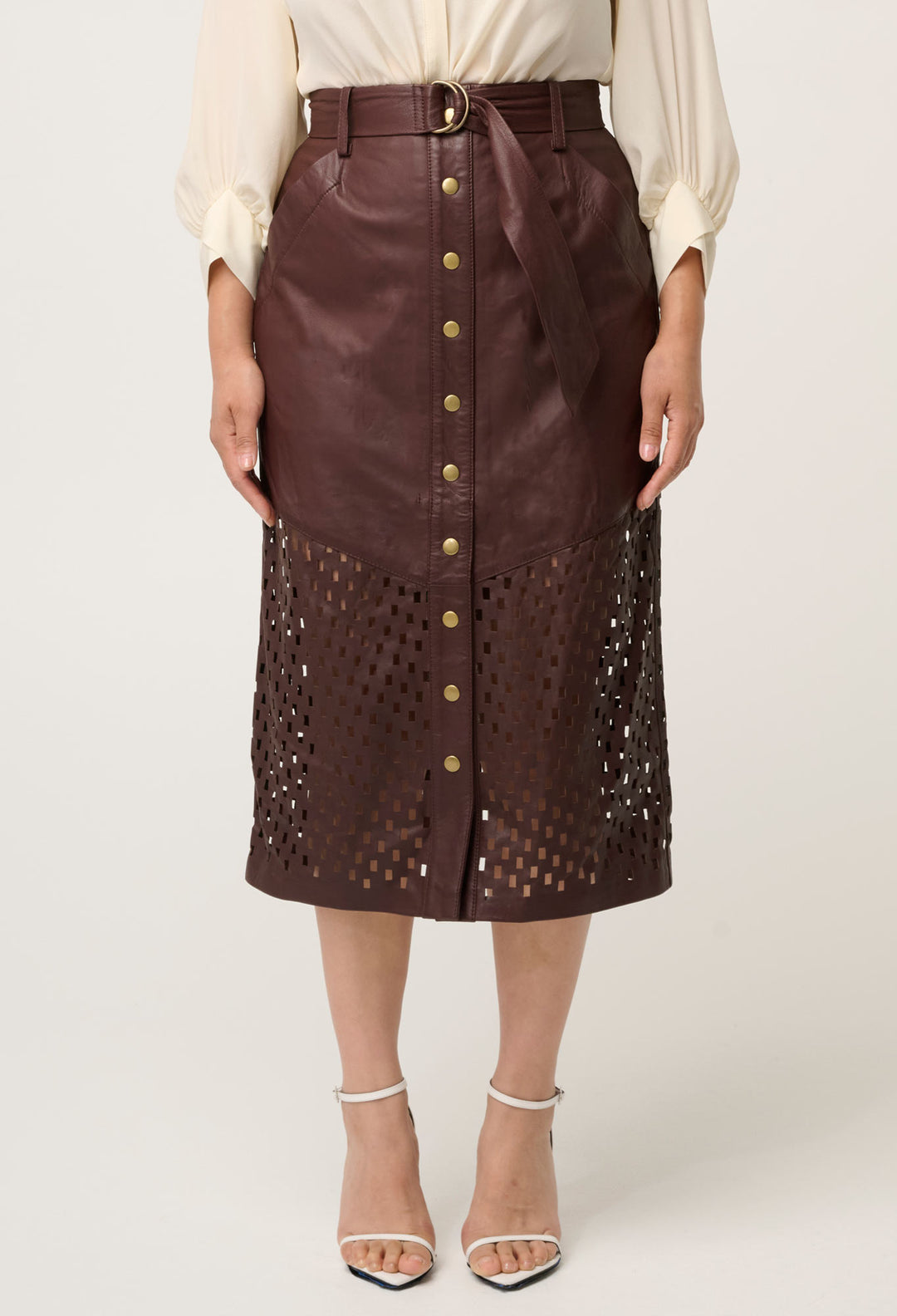 UNDER 5'4 Hypnotic Leather Custom Laser Midi Skirt in Oxblood