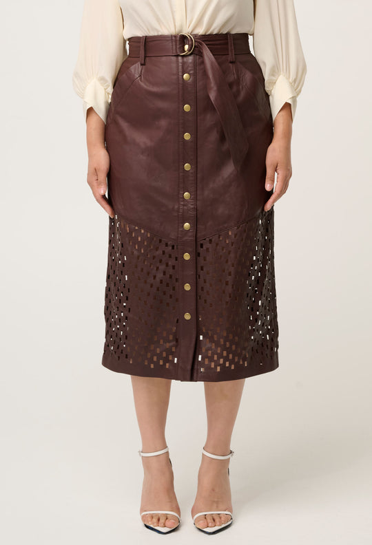 UNDER 5'4 Hypnotic Leather Custom Laser Midi Skirt in Oxblood
