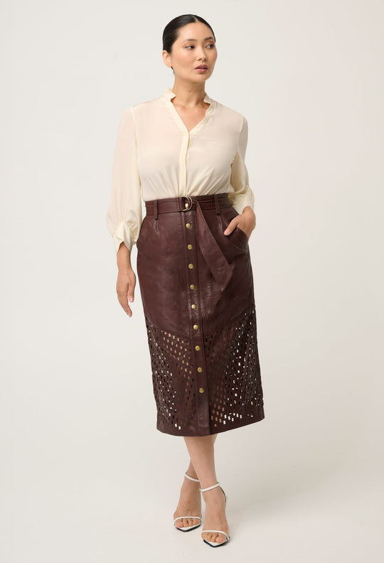 UNDER 5'4 Hypnotic Leather Custom Laser Midi Skirt in Oxblood