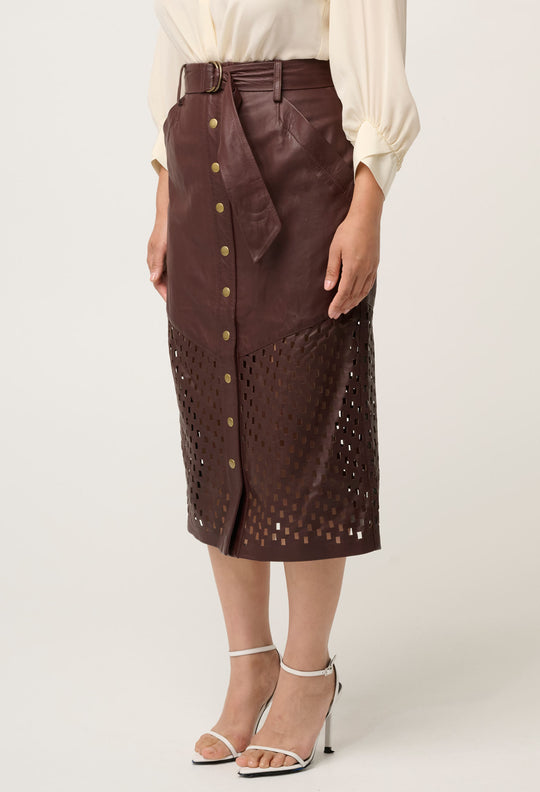 UNDER 5'4 Hypnotic Leather Custom Laser Midi Skirt in Oxblood