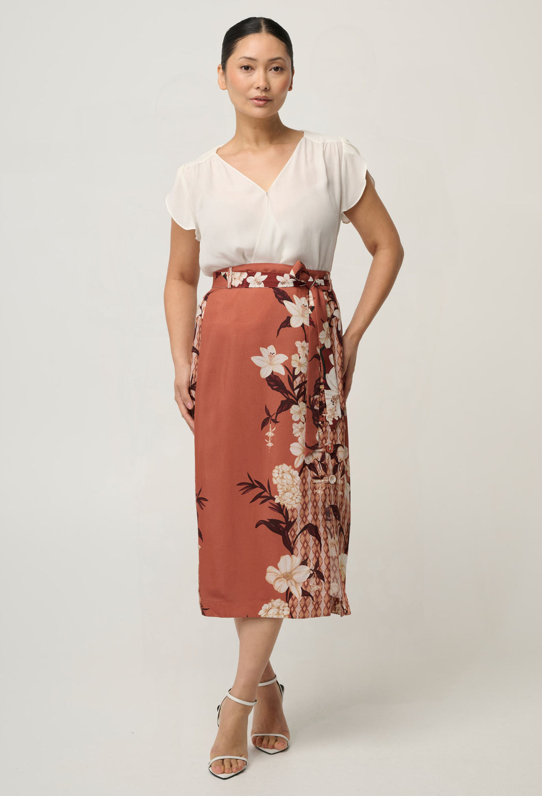 OnceWas UNDER 5'4 Adria Viscose Faille Button Midi Skirt in Amber Vine