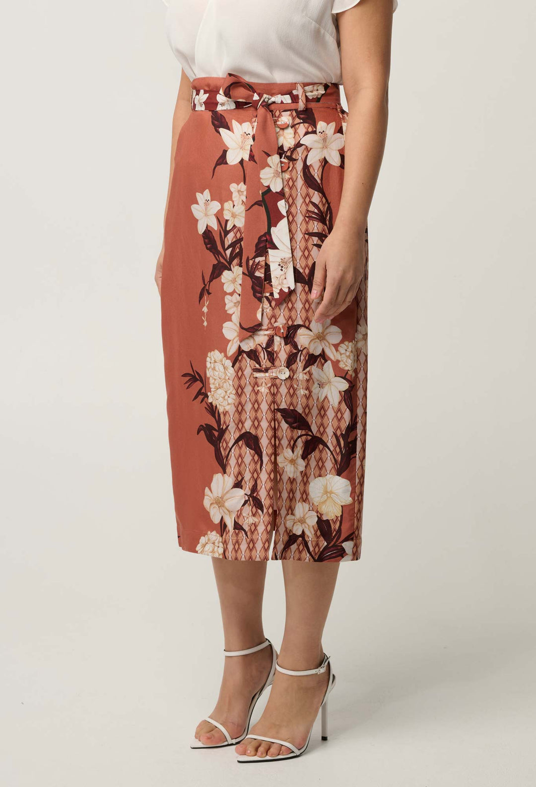 OnceWas UNDER 5'4 Adria Viscose Faille Button Midi Skirt in Amber Vine
