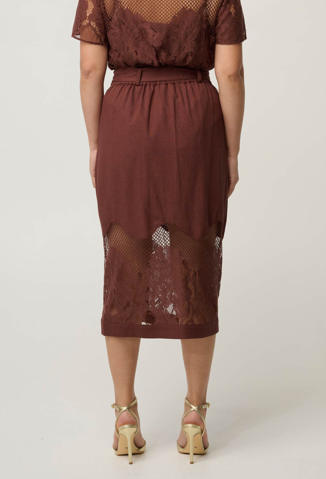 OnceWas UNDER 5'4 Solene Linen Viscose Lace Midi Skirt in Rosewood