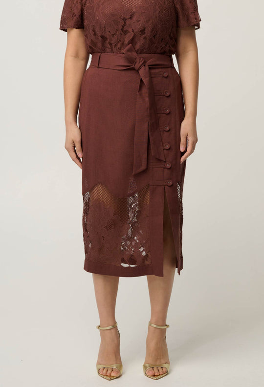 UNDER 5'4 Solene Linen Viscose Lace Midi Skirt in Rosewood