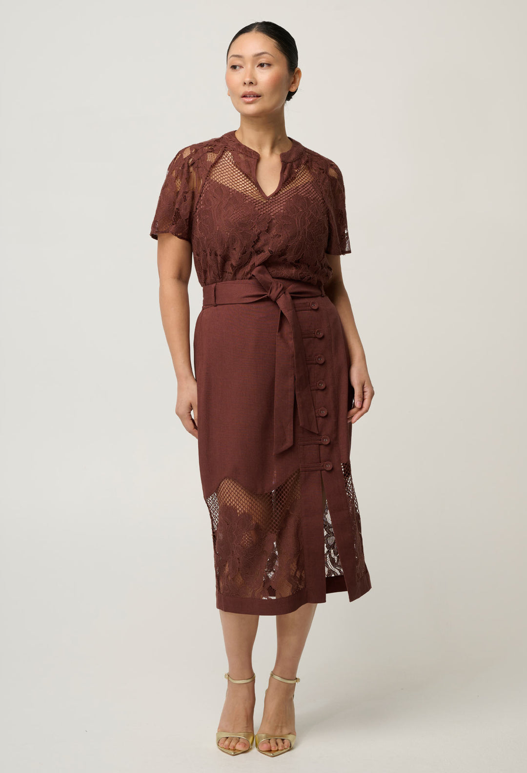 OnceWas UNDER 5'4 Solene Linen Viscose Lace Midi Skirt in Rosewood