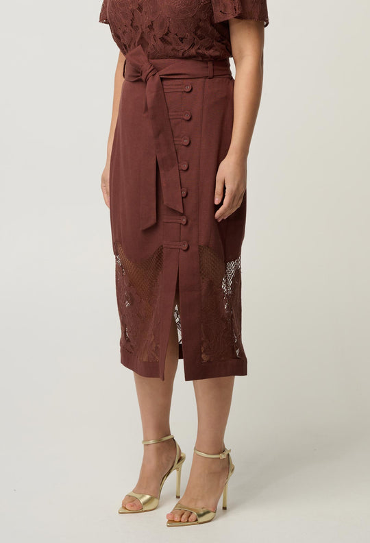 OnceWas UNDER 5'4 Solene Linen Viscose Lace Midi Skirt in Rosewood