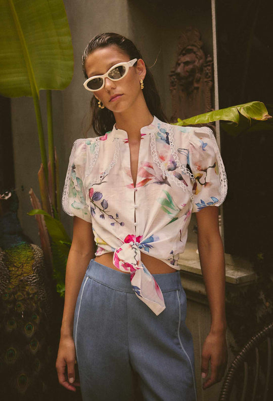 Thalia Lace Cotton Slub Shirt in Plume Blossom
