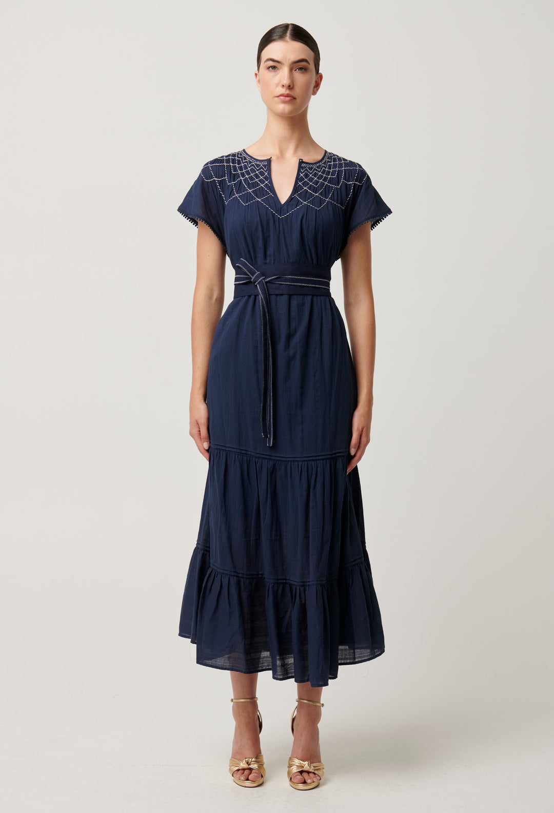 OnceWas St Lucia Cotton Self Stripe Smocked Dress in Ink