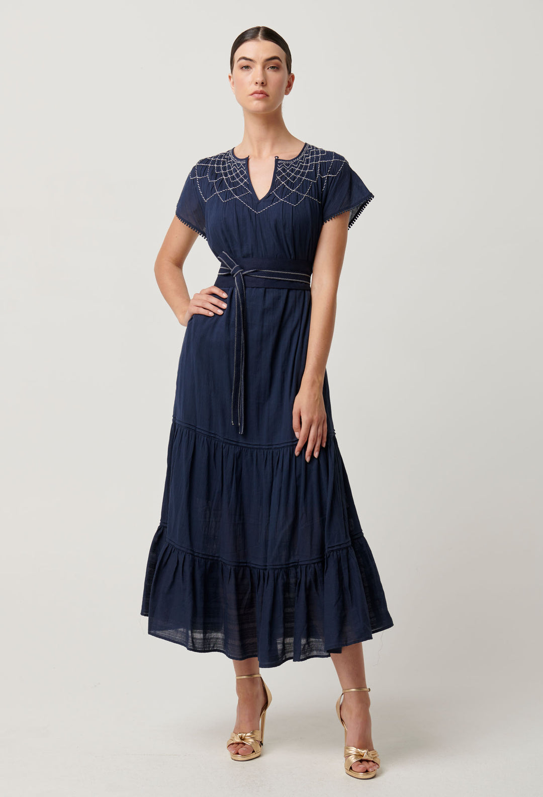 OnceWas St Lucia Cotton Self Stripe Smocked Dress in Ink
