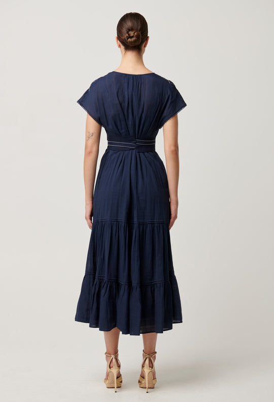OnceWas St Lucia Cotton Self Stripe Smocked Dress in Ink