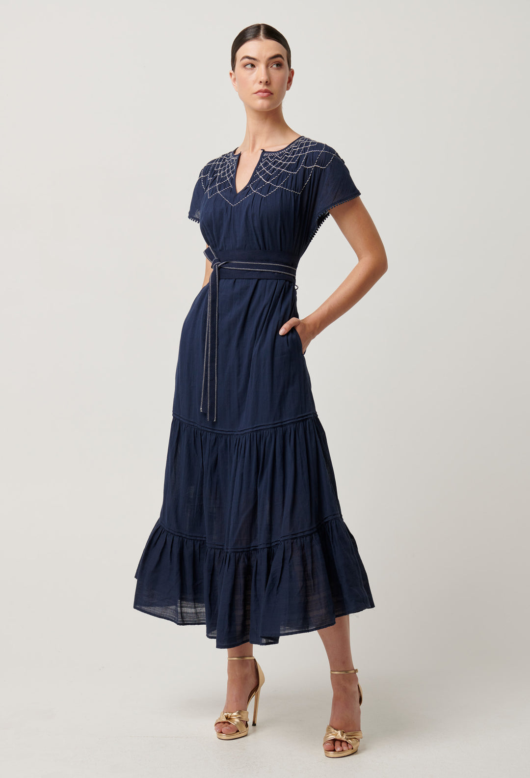 OnceWas St Lucia Cotton Self Stripe Smocked Dress in Ink