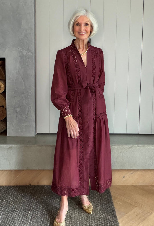 UNDER 5'4 Cascadian Cotton Silk Lace Maxi Dress in Bordeaux