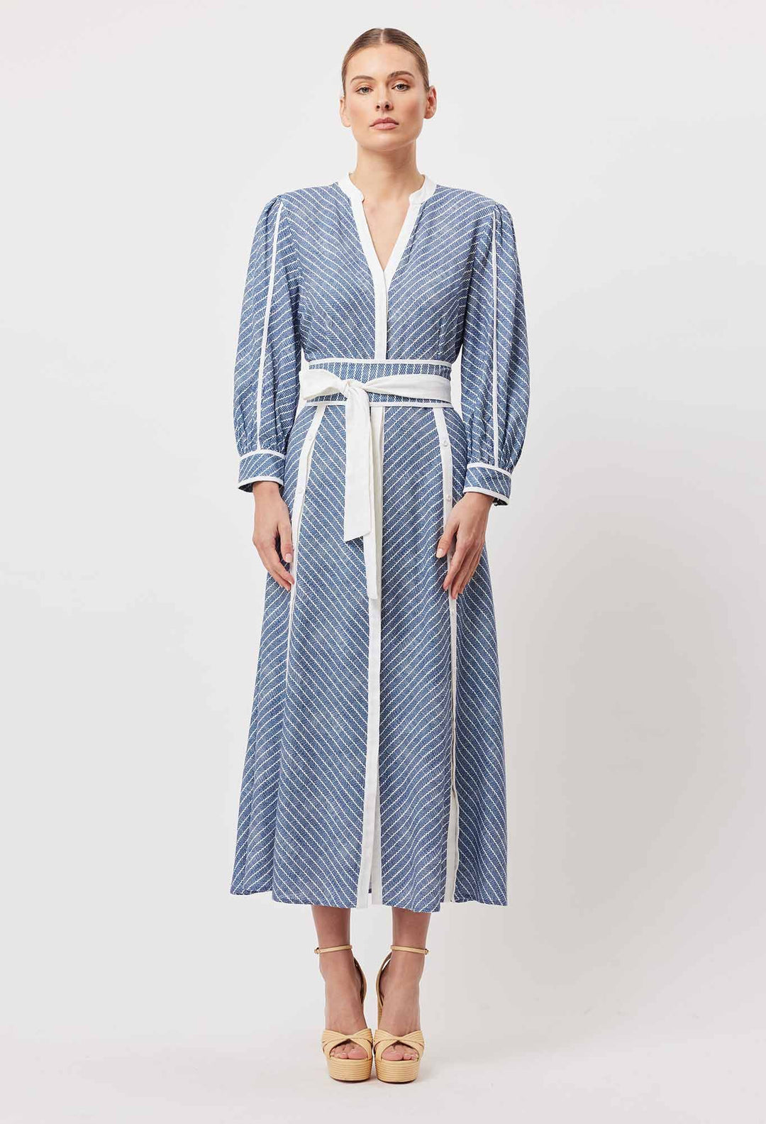 OnceWas Coba Linen Viscose 3/4 Sleeve Double Split Button Through Midi Dress