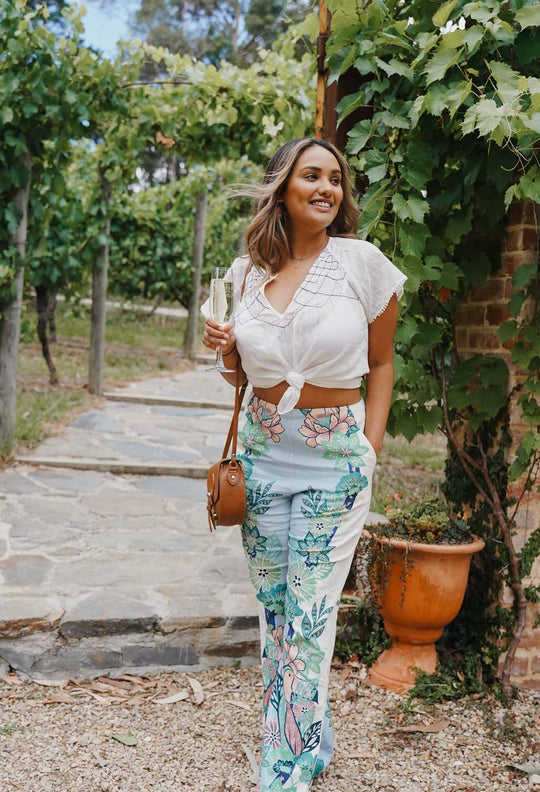 OnceWas Carlyle Stretch Linen Viscose Pant in Paradi Flè Print