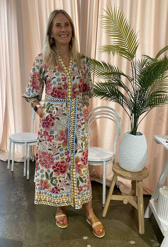 Carmen Viscose Linen Maxi Dress in Azalea Fields