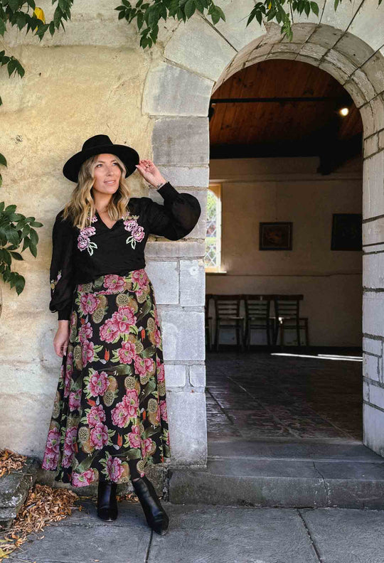 Catalina Embroidered Cotton Silk Blouse in Black Flores