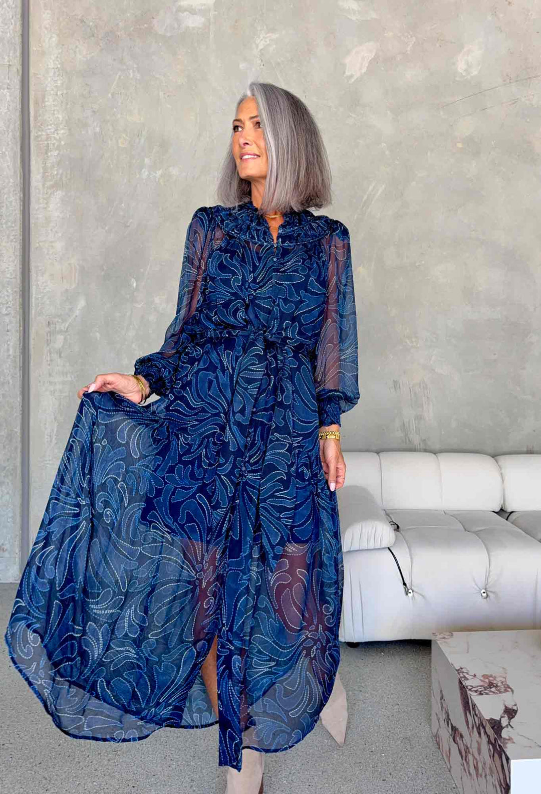 OnceWas Solana Viscose Chiffon Midi Dress in Altamira