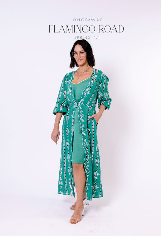 Morgan Embroidered Viscose Coat Dress in Bay Green