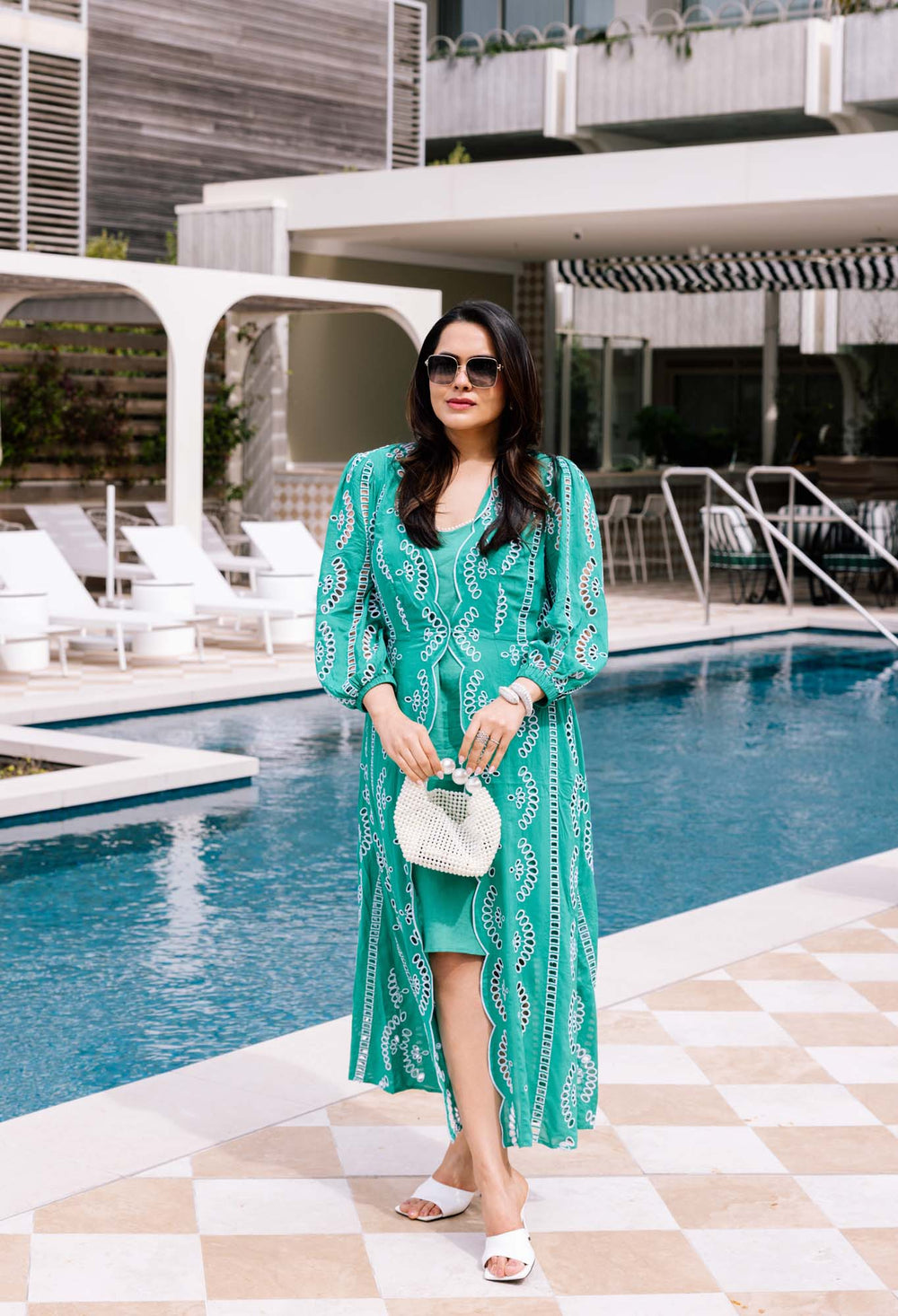 Morgan Embroidered Viscose Coat Dress in Bay Green