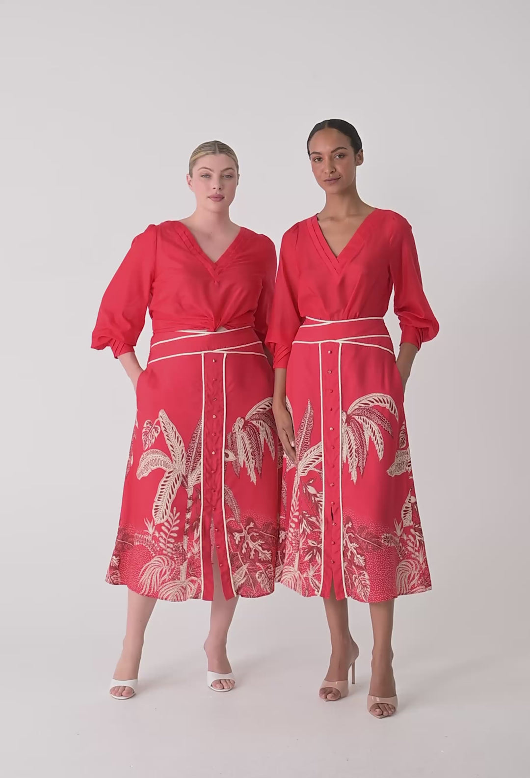 OnceWas Calissa Cotton Silk V-Neck Blouse in Crimson