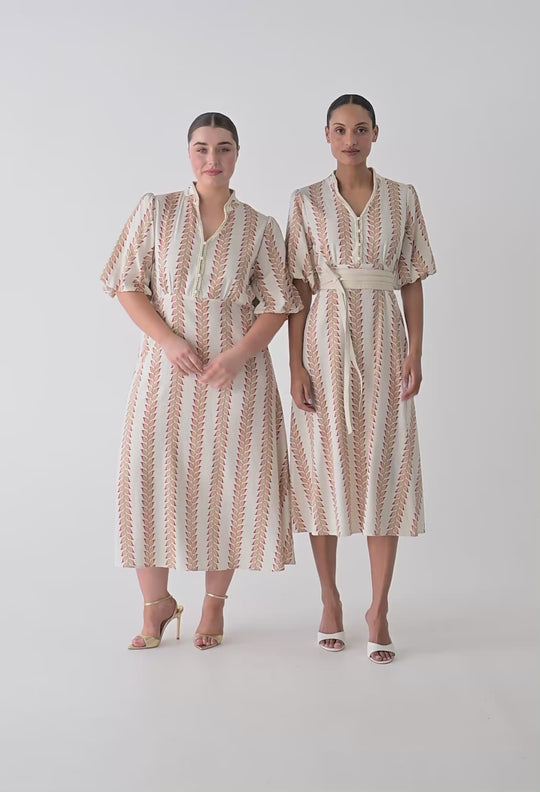 Marcelle Braided Trim Viscose Linen Dress in Gilded Frond