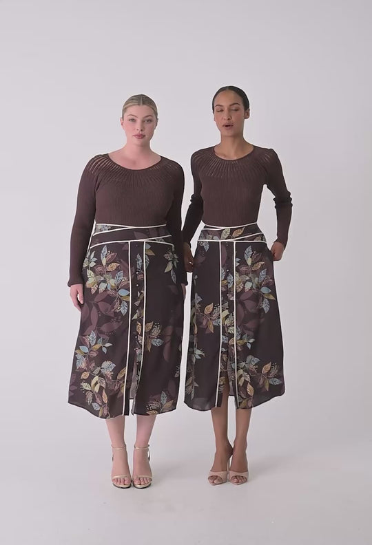 OnceWas Harper Viscose Faille Criss Cross Waist Panel Skirt in Ember Vines