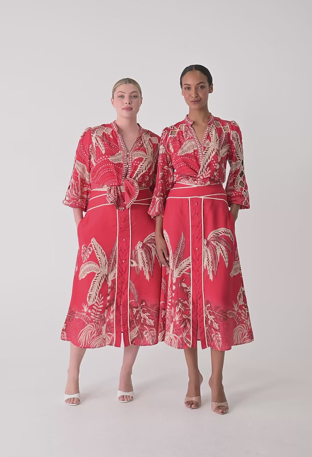 OnceWas Audrey Embroidered Viscose Faille Blouse in Crimson Palms