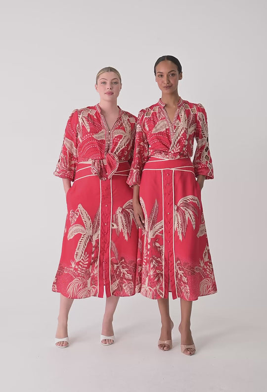 OnceWas Audrey Embroidered Viscose Faille Blouse in Crimson Palms