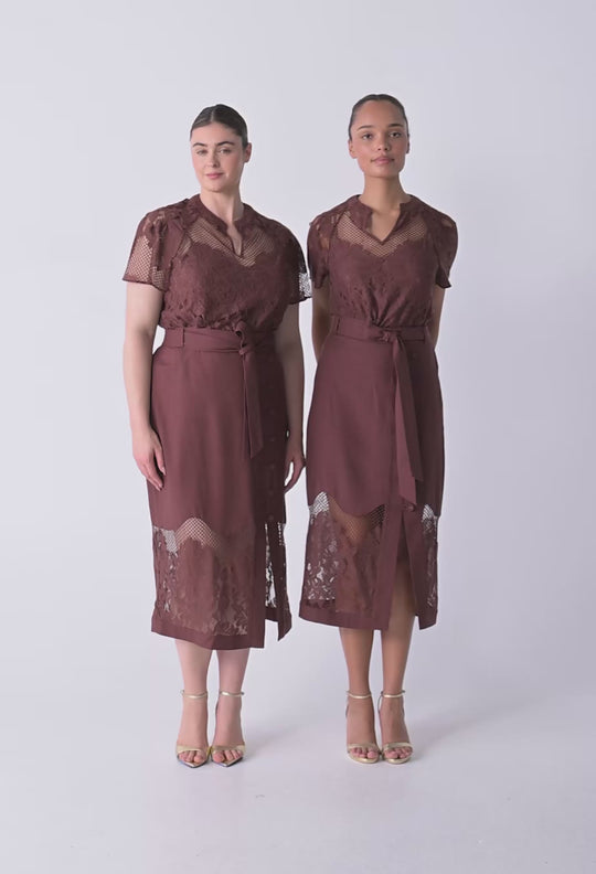 OnceWas Solene Cotton Blend Placement Lace Short Sleeve Top in Rosewood