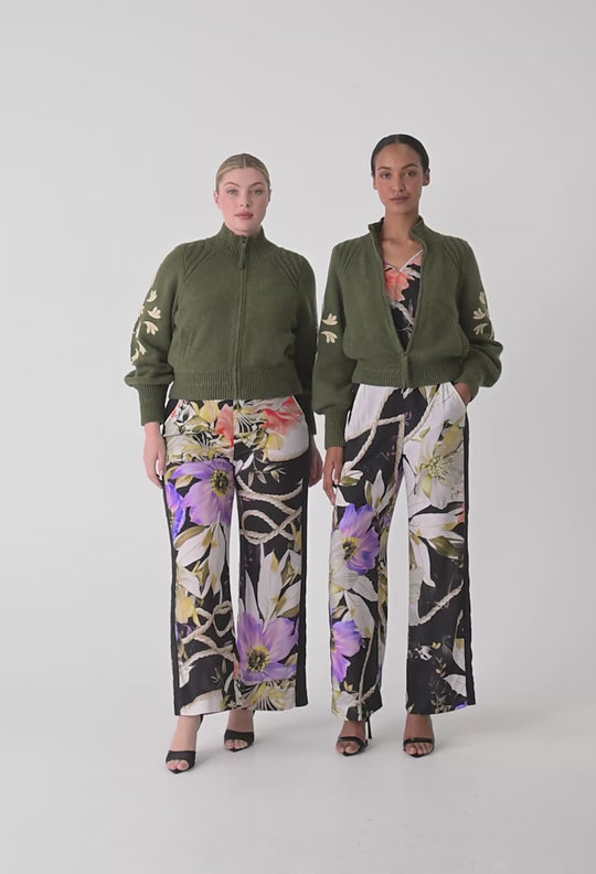 Carmela Embroidered Knitted Bomber in Oliva