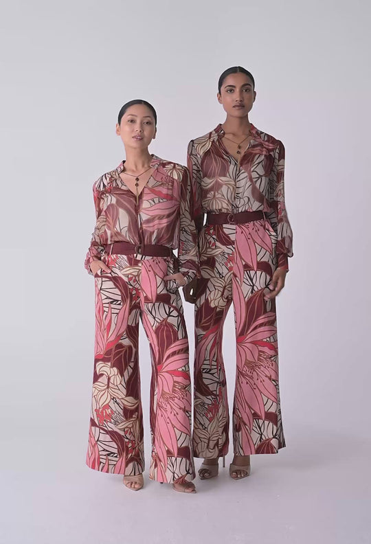 UNDER 5"4 Freya Sheer Viscose Blouse with Embellished Neck in Cathedral Botanic