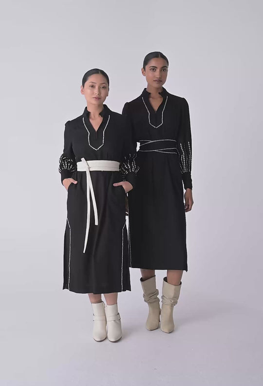 OWP Edith Linen Viscose Embroidered Column Midi Dress in Black